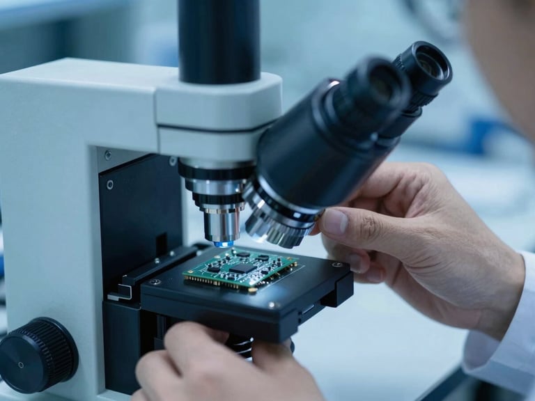 Close-up of a quality control engineer inspecting electronic components under a microscope in a clean laboratory environment, cool blue lighting