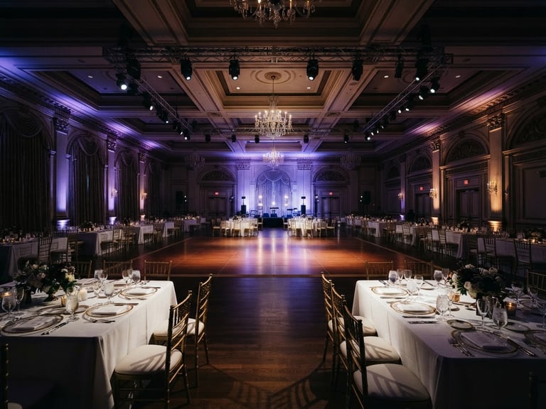 Wide-angle cinematic shot of an empty, perfectly lit luxury ballroom before guests arrive, dramatic event lighting, crisp spotlights, deep rich shadows, 35mm