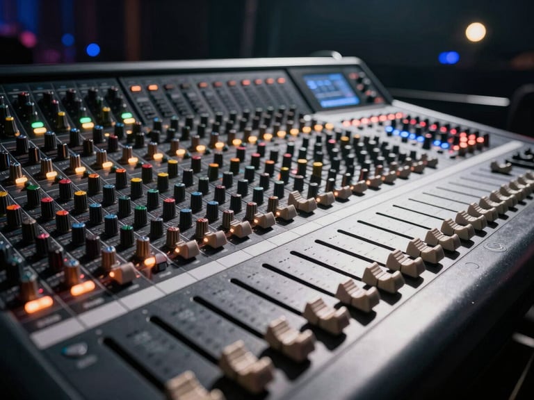 Cinematic close-up of a high-end digital audio mixing console at a live concert, glowing faders, sharp focus, dramatic stage lighting blurred in the background, 35mm.