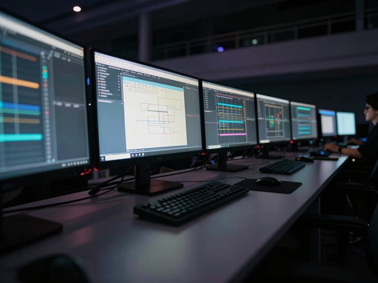 Cinematic close-up of a technical production desk in action, glowing monitors, sharp architectural wide-angle, deep rich shadows