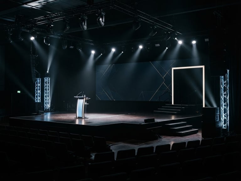 Cinematic wide-angle shot of an empty, perfectly lit corporate keynote stage, crisp spotlights casting sharp lines, deep rich shadows, 35mm.