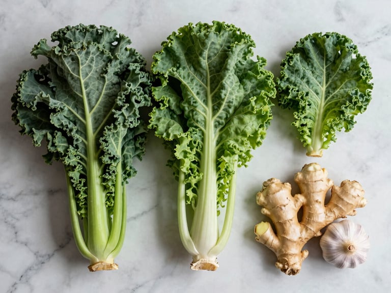 Overhead flat-lay of raw, vibrant whole ingredients including kale, ginger root, and garlic on a light marble surface, soft natural daylight.