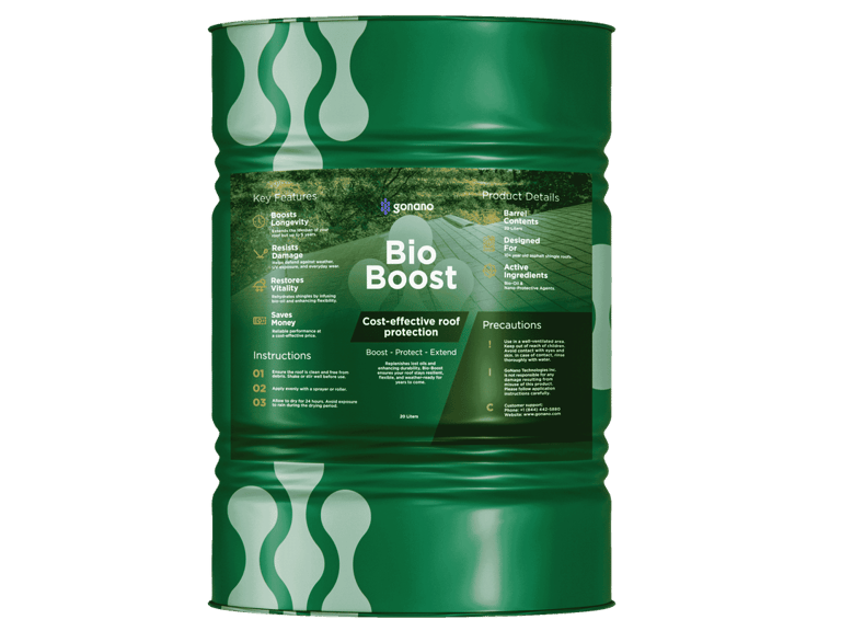 Green 20-liter barrel of GoNano Bio Boost asphalt shingle roof protection and rejuvenation treatment.