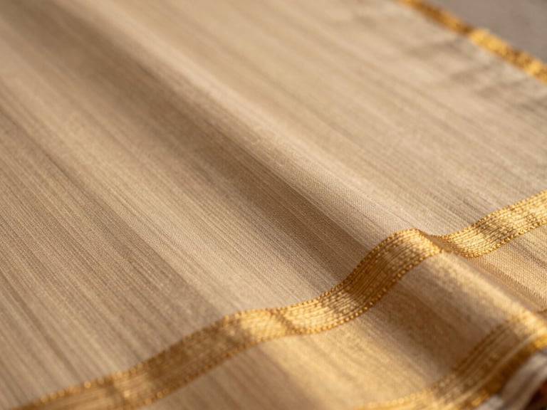 Close-up of handwoven Chanderi saree texture, showing the delicate gold zari borders and soft weave catching warm natural light, shallow depth of field.