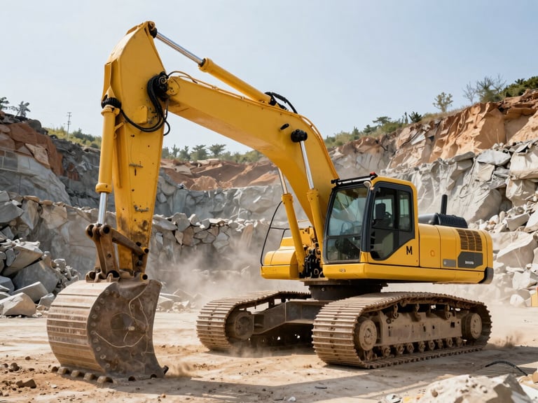 Wide low-angle shot of a massive yellow crawler excavator operating in a deep stone quarry under high-contrast midday sun, hydraulic steel gleaming, dust particles suspended in light.