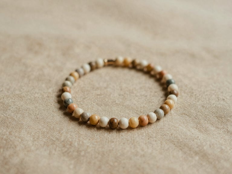 A close-up of a delicate beaded bracelet resting on a warm sand-toned linen fabric, soft diffused natural lighting, minimalist composition.