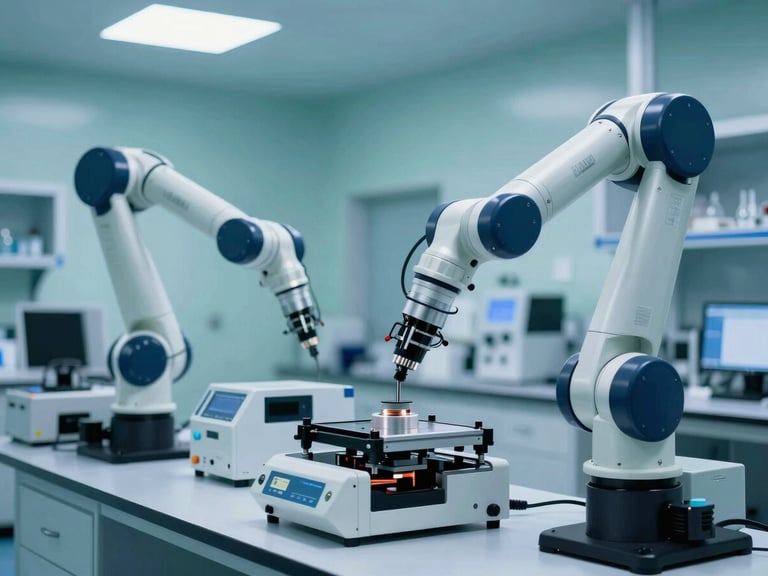 Modern research laboratory with high-precision robotic arms and neural interface testing equipment, cool biomedical teal lighting