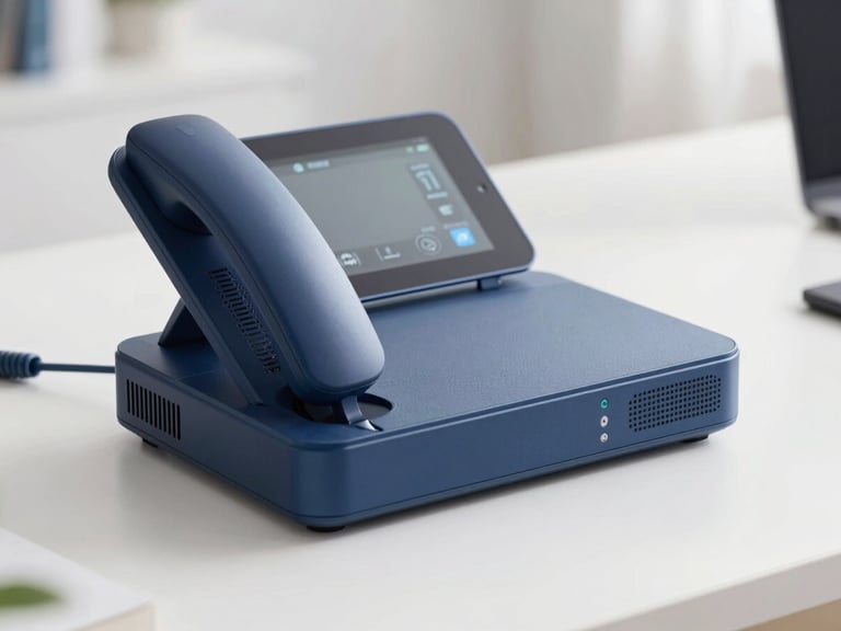 Close-up of a modern sleek digital home phone and streaming device on a clean white desk, bright daylight, shallow depth of field