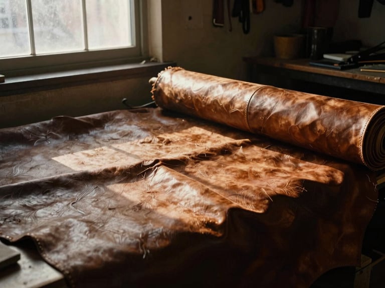 Wide panoramic shot of a dimly lit leather workshop in Chicago, warm golden-hour window light casting deep shadows on rolls of thick steerhide, 35mm