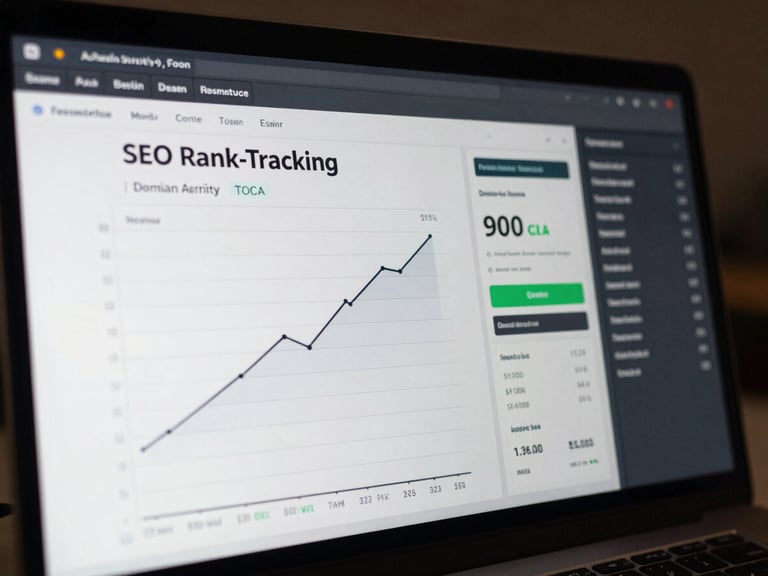 Close-up of a computer screen showing an SEO rank-tracking dashboard with keyword position graphs trending upward, domain authority score prominently displayed, cool studio lighting, dark UI, data visible and precise