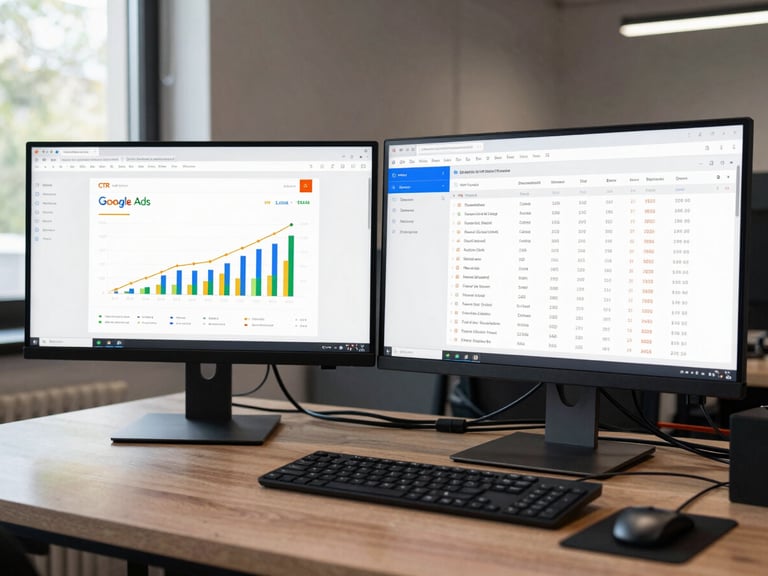 Environmental shot of a wide workspace showing two monitors side by side, one displaying a Google Ads campaign dashboard with CTR and ROAS graphs, the other showing an SEO keyword ranking table, cool daylight from left window, cables and data visible