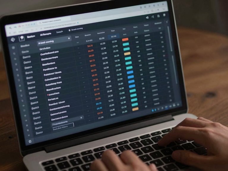 Close-up overhead shot of a laptop screen showing an AI lead-scoring interface with structured data rows, confidence scores, and pipeline stage labels, cool studio lighting, dark theme UI, hands at keyboard partially visible