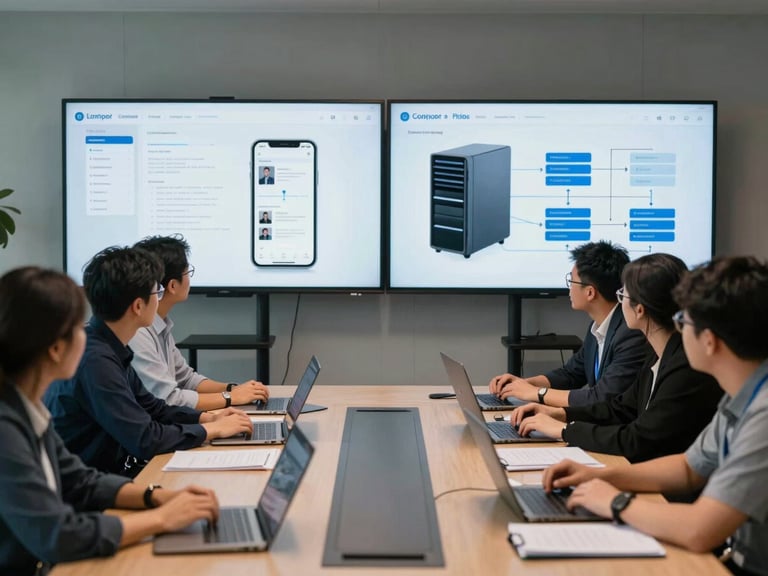 Wide environmental shot of a team around a conference table, two large screens showing a mobile app wireframe and a server architecture diagram, cool daylight, documents and laptops on table, focused working atmosphere