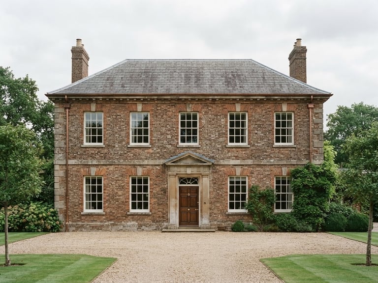 Straight-on architectural elevation of a historic brick estate home, soft overcast daylight, muted earth tones, 35mm film aesthetic