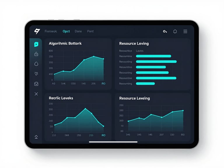 Sleek dark-mode UI displaying algorithmic bottlenecks and predictive resource leveling charts, cyber-cyan accents