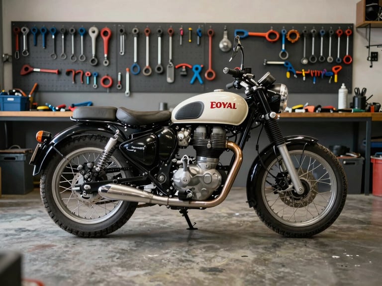 Wide interior shot of a motorcycle workshop, tools hanging on a pegboard wall, a Royal Enfield frame on a center stand under overhead diffused light, concrete floor, no people present