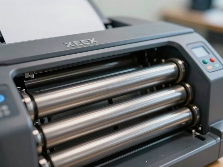 Macro close-up of a high-capacity Xerox printer paper feed mechanism, clean metallic rollers, bright neutral corporate office lighting