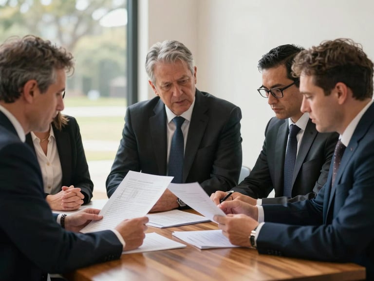 Overcast Australian daylight illuminates a collaborative meeting where three church leaders review structural documents on a wooden table, focused and professional.