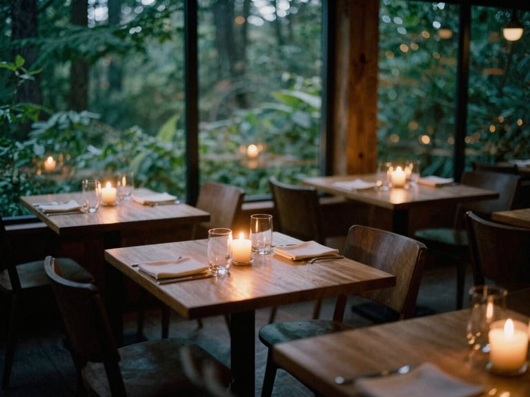 Cozy Scandinavian-style restaurant dining room at dusk, warm candle glow on empty tables, soft natural shadows, moody forest green tones, 35mm film texture