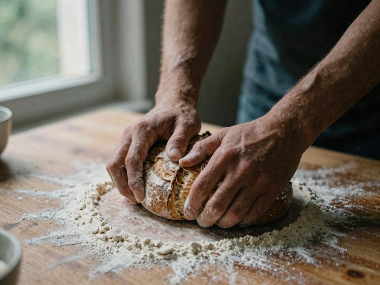 Macro shot of hands kneading rustic sourdough on a flour-dusted wooden table, soft morning window light, moody shadows, 35mm film texture