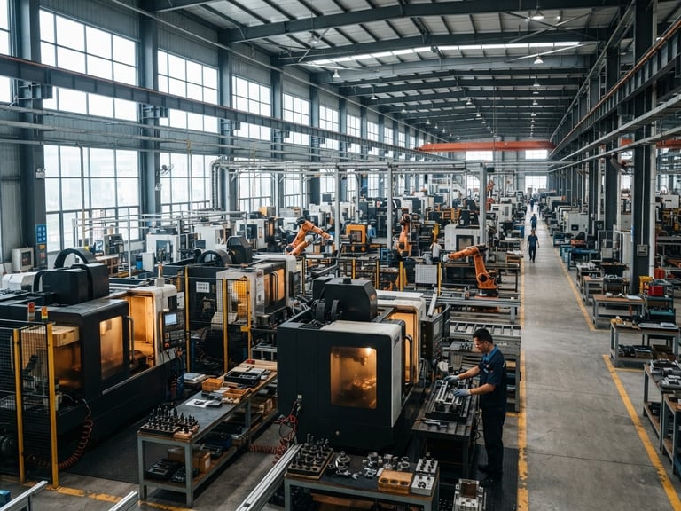 Cool crisp industrial daylight, wide environmental shot of a modern manufacturing plant in Foshan, high-contrast precision machinery, 35mm lens