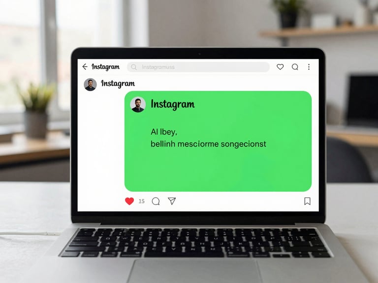 A laptop screen displaying an Instagram comment section, with a vibrant green overlay highlighting an AI-generated reply, on a desk in a creative design studio, natural light.