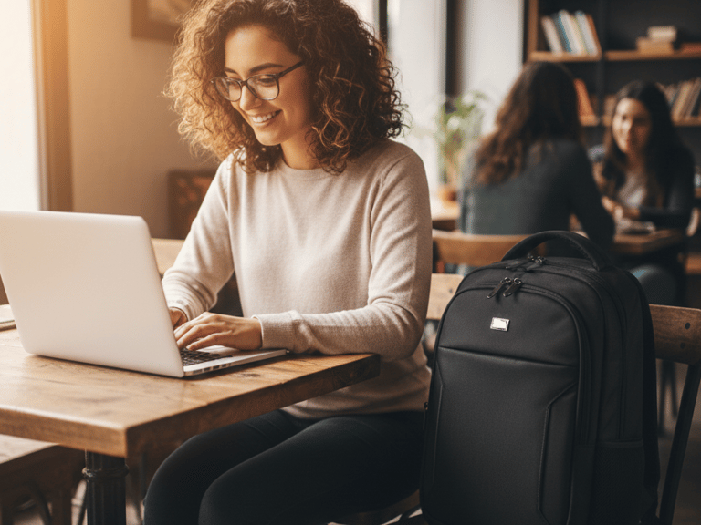 Un joven de tez oscura, vestido con una camisa gris, lleva un morral/mochila negra