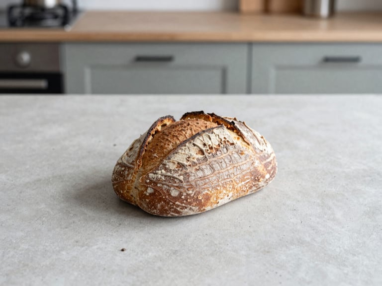 Overhead minimalist food photography of a single raw sourdough loaf on a light concrete surface, soft natural daylight, scandinavian kitchen background