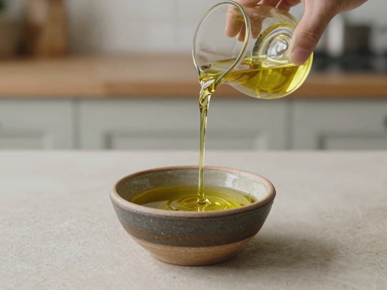 Pouring golden olive oil into a small handmade clay bowl, sun-drenched rustic kitchen background.