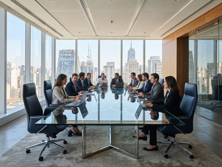 Wide environmental shot of a modern corporate boardroom in São Paulo, bright natural daylight, clean glass tables, architectural lines, professional atmosphere.
