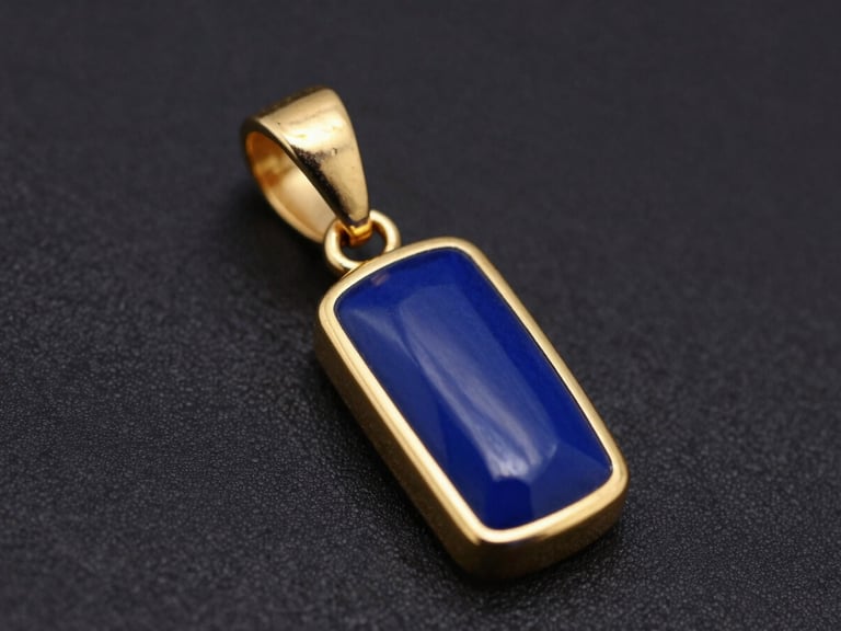 Macro product photography of a finished gold pendant with deep royal blue hot enamel inlay in precise channels, sharp highlights, deep black background