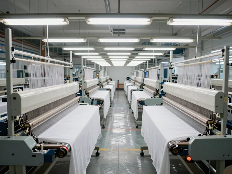 Straight-on architectural shot of a clean, brightly lit textile manufacturing facility in Vijayawada, rows of modern high-volume weaving looms processing white clinical fabric under sterile white light.