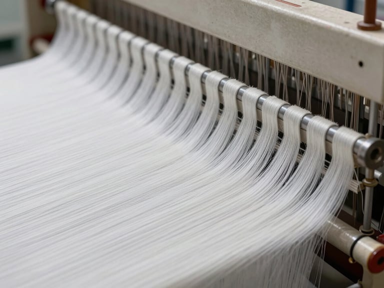 Macro shot of high-density white cotton weave on an industrial loom, bright clinical lighting highlighting the precise thread-level integrity.