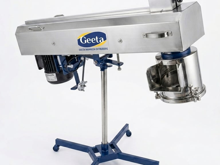 Geeta stainless steel industrial namkeen extruder machine for food processing on a blue rolling stand.