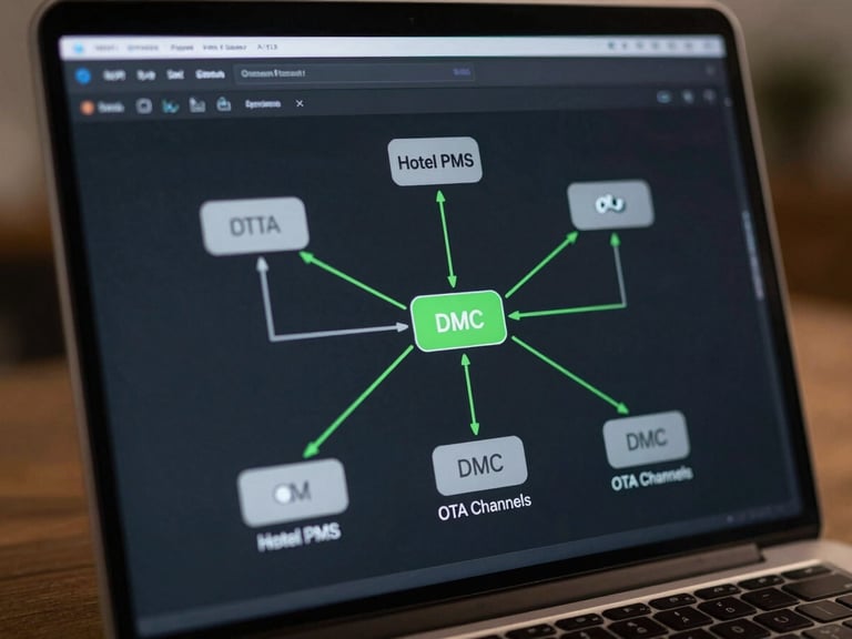 Close-up of a laptop screen showing an API integration diagram with connected nodes representing hotel PMS, OTA channels, and DMC systems, green connection lines on a dark UI background, studio lighting, sharp technical detail