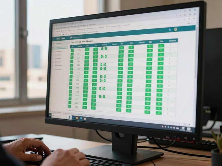 Close-up of a hotel booking dashboard on a large monitor, showing group room allocation grids with green status indicators and occupancy percentages, natural office light from a window to the left, a manager's hand resting at keyboard edge in foreground, Makkah cityscape blurred through glass behind the screen