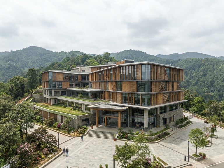Wide angle exterior of a modern commercial building in Shillong, crisp architectural photography, bright overcast daylight.