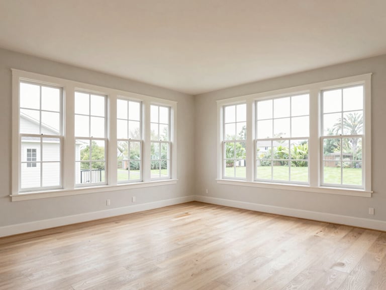 Wide-angle interior shot of a bright, clean living room with large windows, natural daylight, neutral tones, crisp architectural details