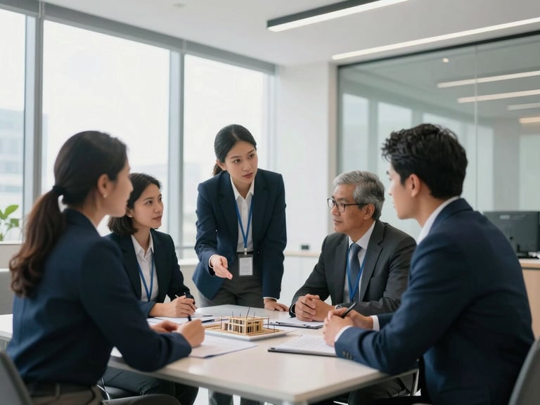 A modern, sunlit corporate office in Bengaluru, clean architectural lines, professional advisors discussing structural compliance around a table, cool slate tones, shallow depth of field