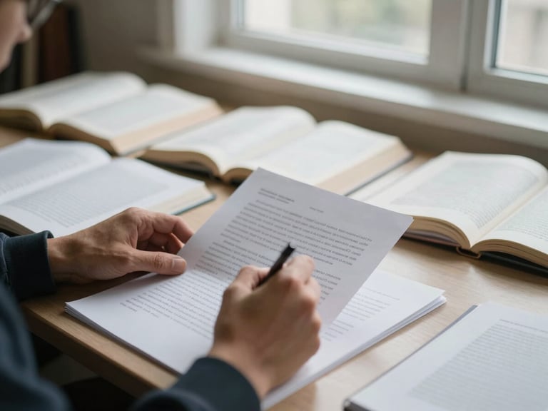 Close-up of a scholar's hands highlighting text on a research paper during an intensive writing bootcamp, surrounded by open academic books, soft window light, muted scholarly tones, shallow depth of field, 35mm.