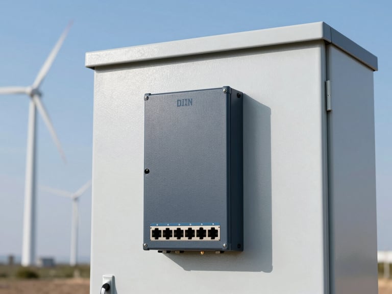DIN-rail mounted industrial network switches inside a clean outdoor electrical cabinet, wind turbines in the background under daylight