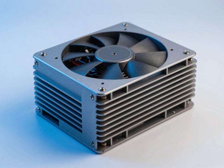 Sharp macro shot of a rugged fanless industrial PC chassis with heavy aluminum heat sinks, cool blue studio lighting, 50mm