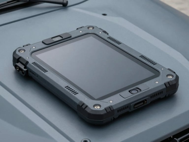 A rugged military-grade tablet sitting on a tactical vehicle dashboard, sharp details of rubberized bumpers and heavy-duty ports