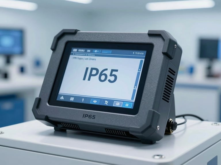 Sharp macro shot of a rugged IP65 touchscreen panel PC on a bright automated automotive assembly line, cool blue lighting