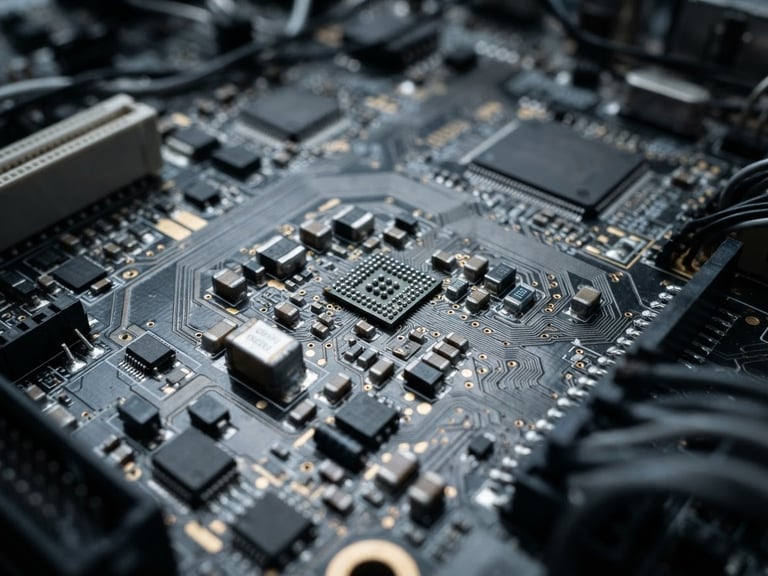 Macro close-up of a complex circuit board, cool laboratory light, high-contrast metallic and slate tones, shallow depth of field
