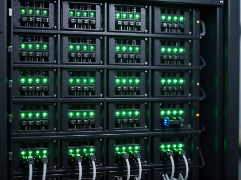 Neat rows of server rack cabling with glowing green status LEDs, high contrast, dark charcoal background