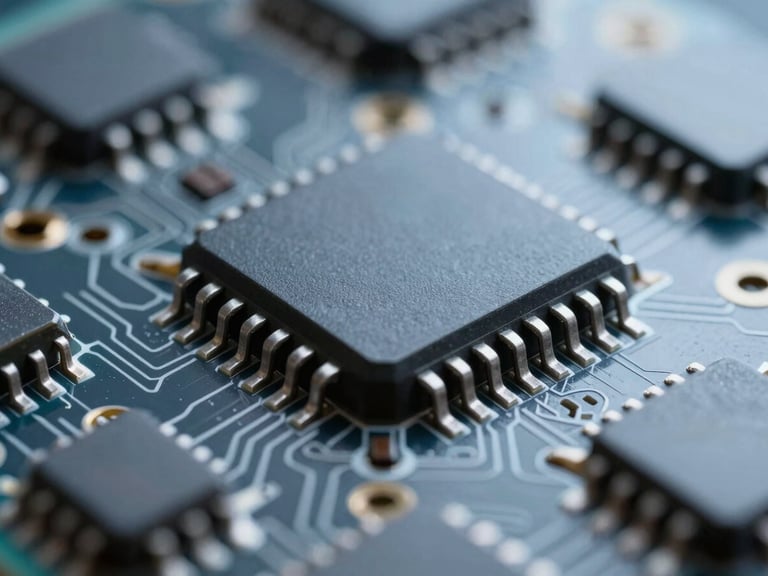 Extreme macro close-up of an embedded system-on-chip with clean thermal routing, cool blue-gray studio lighting, sharp depth of field
