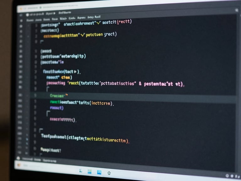 Macro close-up of a high-resolution monitor displaying clean, structured React code, cool-toned ambient lighting, sharp contrast.