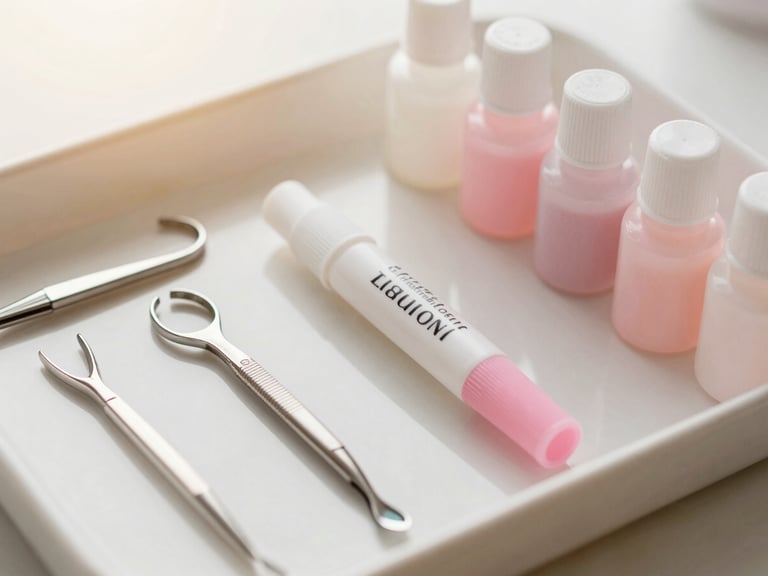 Macro shot of a clean, organized tray of high-quality eyelash extension tools and clinical-grade adhesive bottles, soft diffused natural daylight, shallow depth of field, warm gold and soft pink tones.