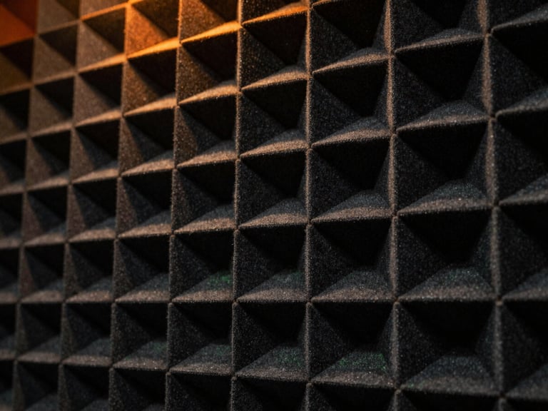 Macro shot of dense acoustic fabric texture, low-key theater lighting with an orange accent glow, sharp detail